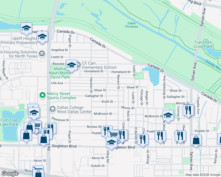 map of restaurants, bars, coffee shops, grocery stores, and more near 1725 Shaw Street in Dallas