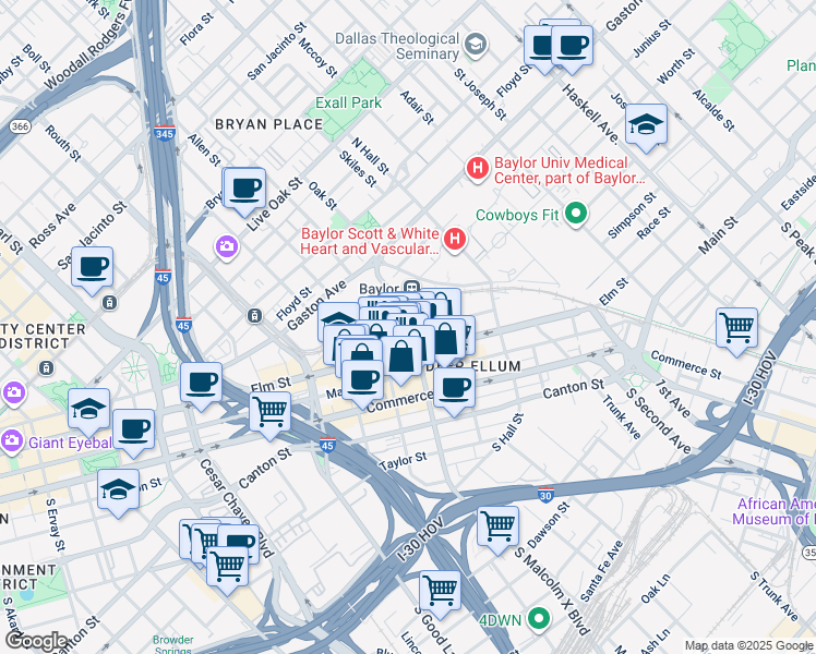 map of restaurants, bars, coffee shops, grocery stores, and more near 2901 Indiana Street in Dallas