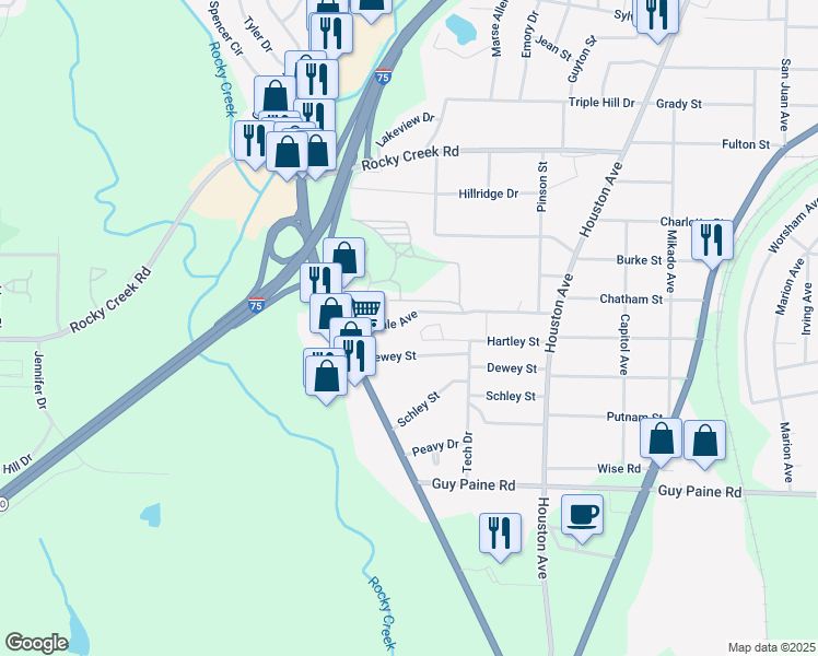map of restaurants, bars, coffee shops, grocery stores, and more near 1334 Glendale Avenue in Macon