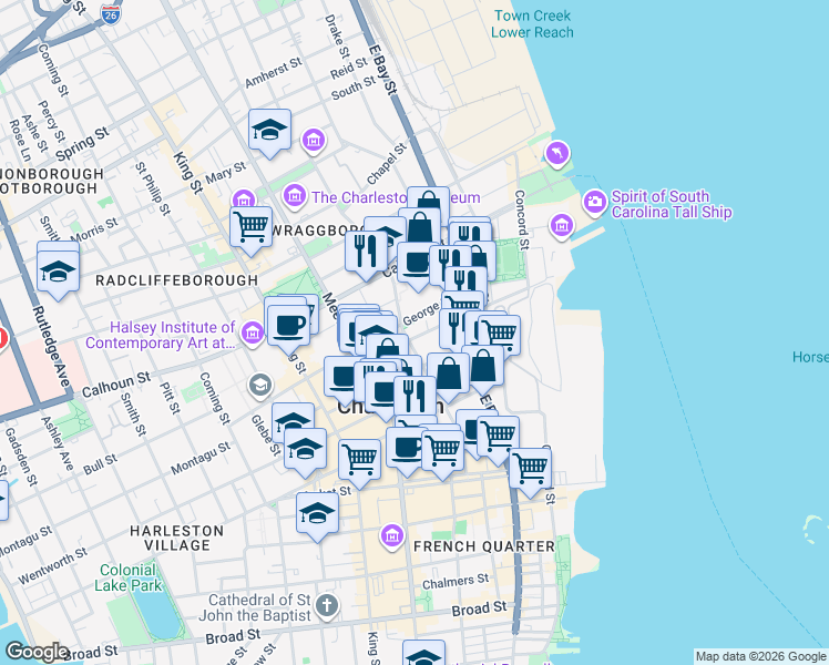 map of restaurants, bars, coffee shops, grocery stores, and more near 58 Laurens Street in Charleston