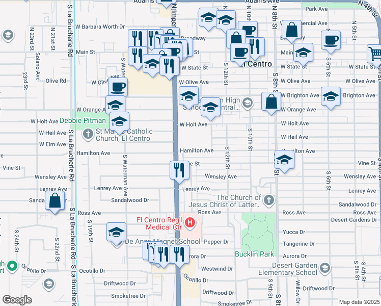 map of restaurants, bars, coffee shops, grocery stores, and more near 1485 Hamilton Avenue in El Centro