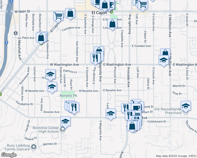 map of restaurants, bars, coffee shops, grocery stores, and more near 828 South Magnolia Avenue in El Cajon
