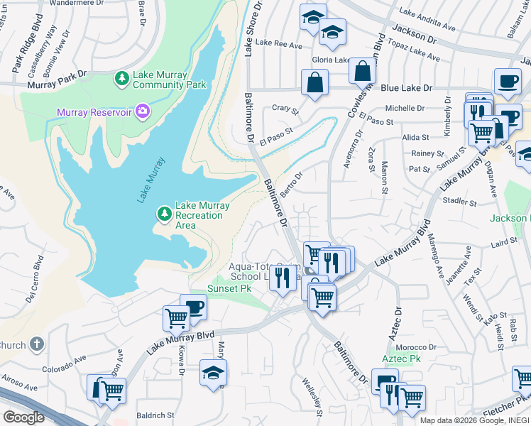 map of restaurants, bars, coffee shops, grocery stores, and more near 5710 Baltimore Drive in La Mesa