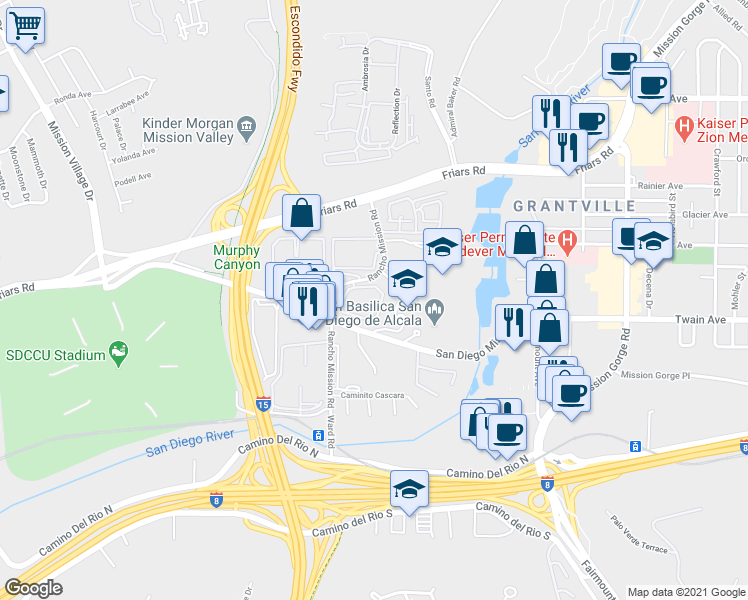 map of restaurants, bars, coffee shops, grocery stores, and more near 6151 Rancho Mission Road in San Diego