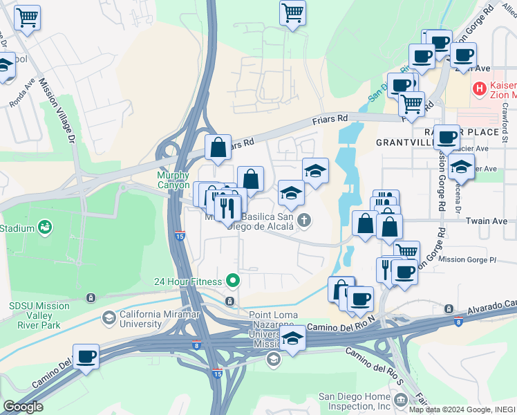 map of restaurants, bars, coffee shops, grocery stores, and more near 6191 Rancho Mission Road in San Diego