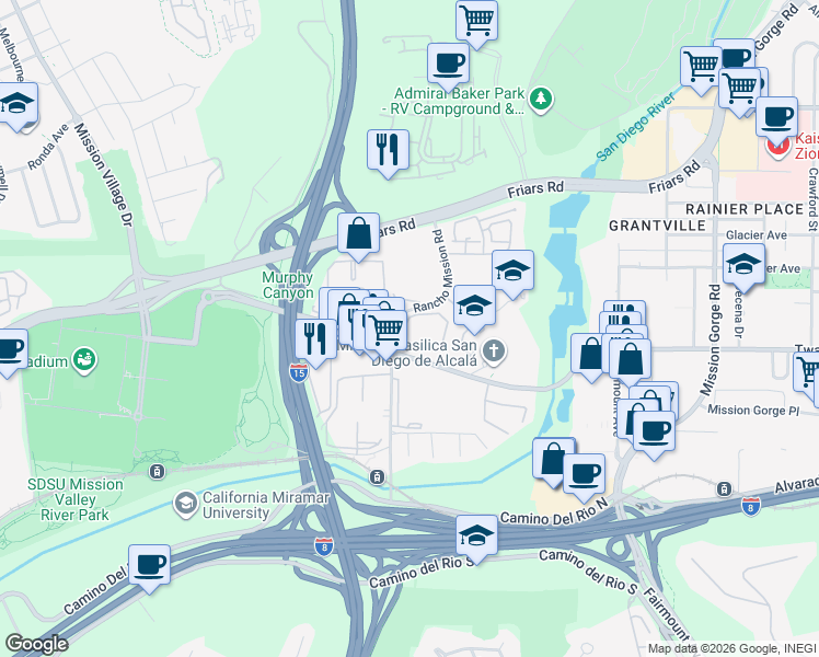 map of restaurants, bars, coffee shops, grocery stores, and more near 6191 Rancho Mission Road in San Diego