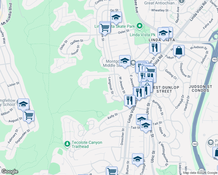 map of restaurants, bars, coffee shops, grocery stores, and more near 2314 Langmuir Street in San Diego