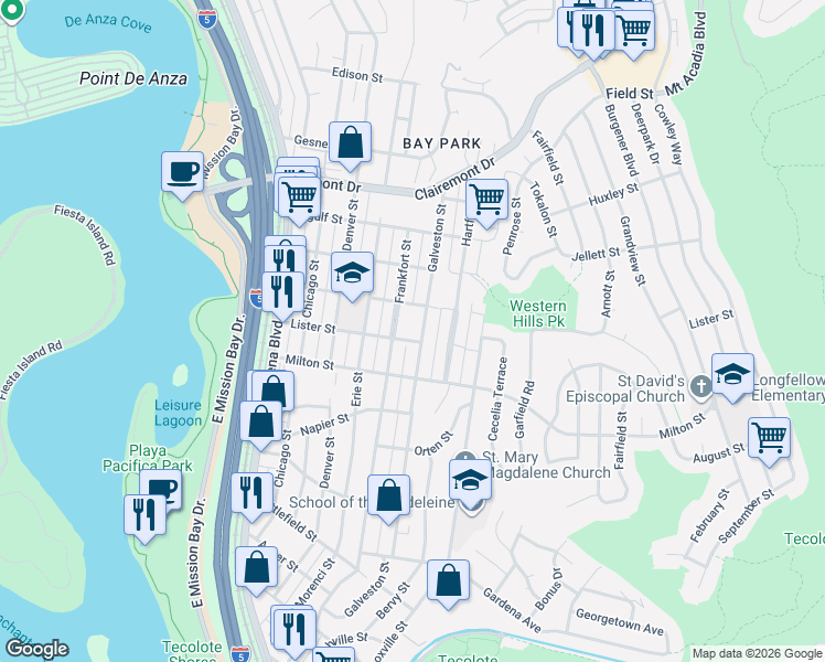 map of restaurants, bars, coffee shops, grocery stores, and more near 4530 Lister Street in San Diego