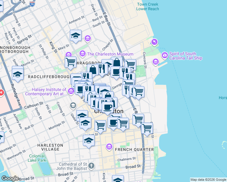 map of restaurants, bars, coffee shops, grocery stores, and more near 9 George Street in Charleston