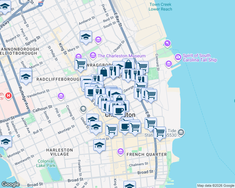 map of restaurants, bars, coffee shops, grocery stores, and more near 9 George Street in Charleston