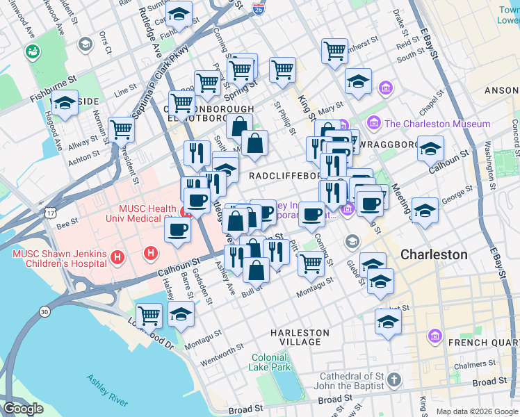 map of restaurants, bars, coffee shops, grocery stores, and more near 6 Murphy Court in Charleston