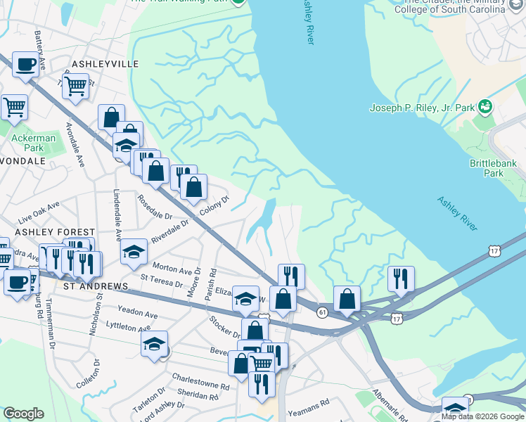 map of restaurants, bars, coffee shops, grocery stores, and more near 834 Sheldon Road in Charleston