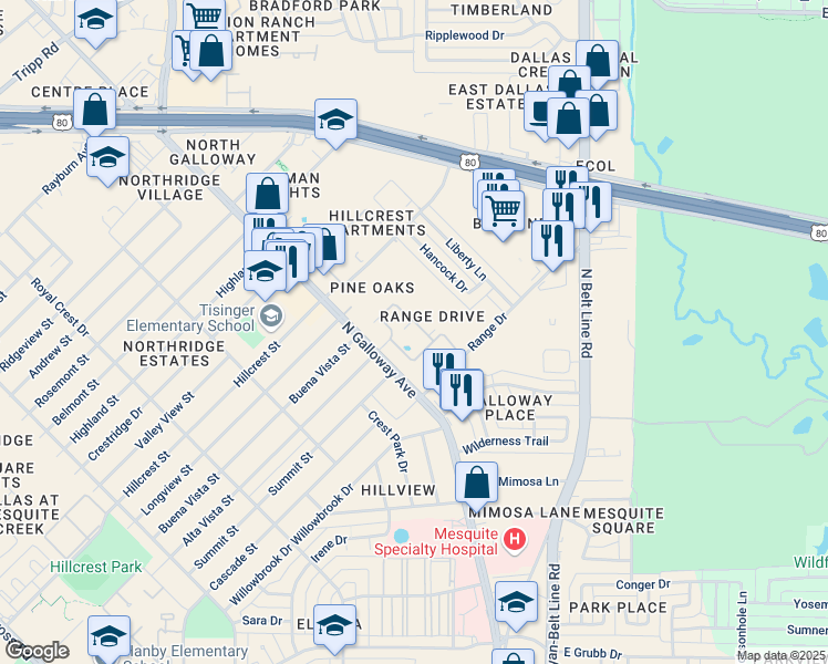 map of restaurants, bars, coffee shops, grocery stores, and more near 1544 North Galloway Avenue in Mesquite