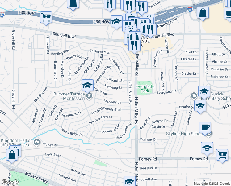 map of restaurants, bars, coffee shops, grocery stores, and more near 5727 Everglade Road in Dallas