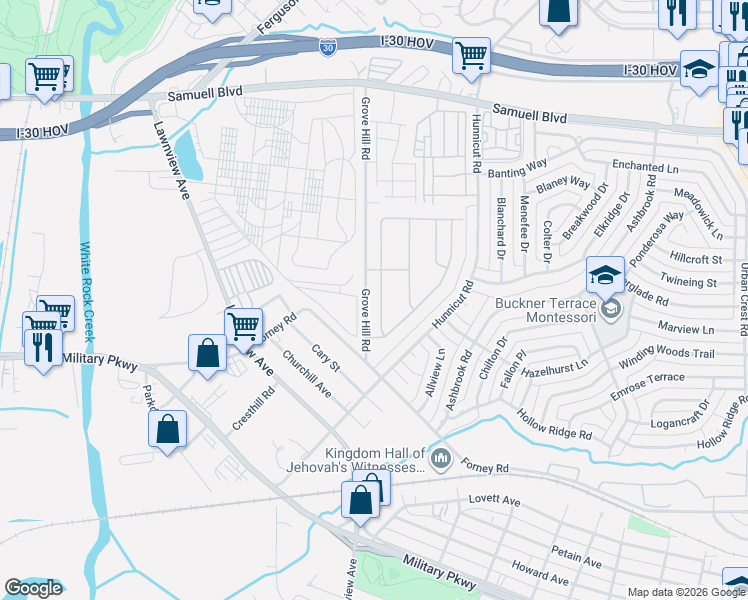 map of restaurants, bars, coffee shops, grocery stores, and more near 2940 Vacherie Lane in Dallas
