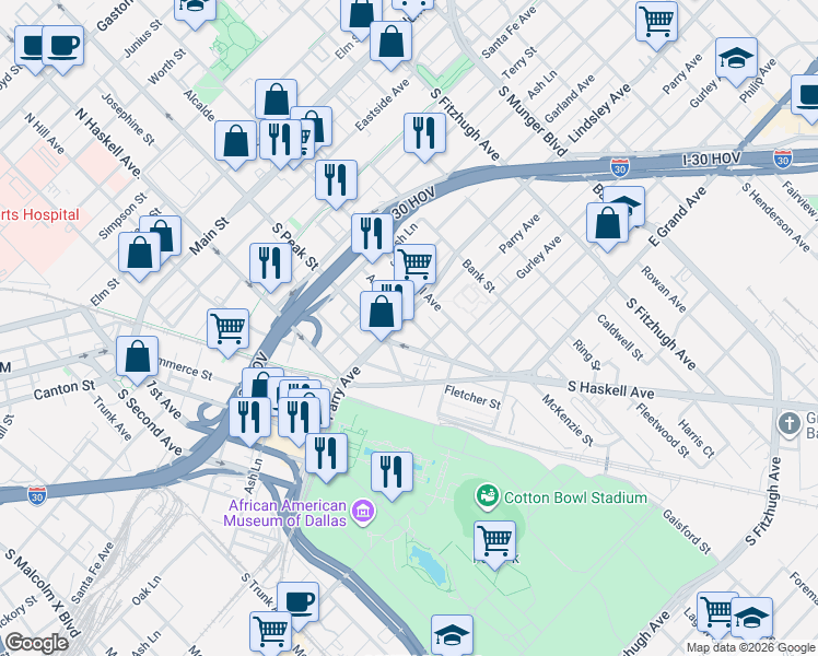 map of restaurants, bars, coffee shops, grocery stores, and more near 918 Ann Avenue in Dallas