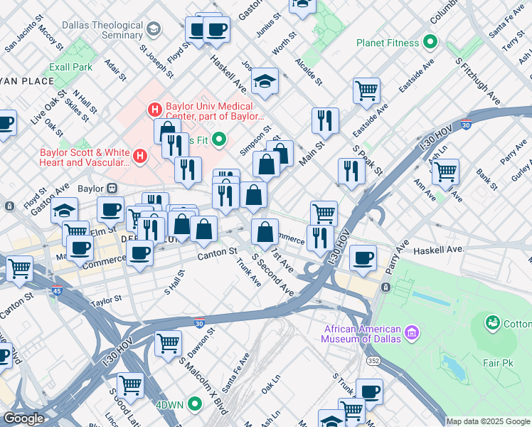 map of restaurants, bars, coffee shops, grocery stores, and more near 10 Main Street in Dallas