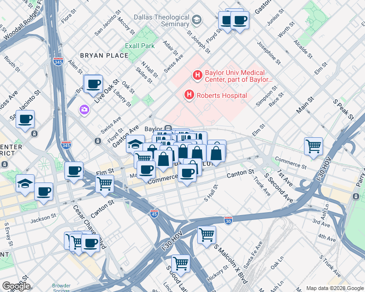 map of restaurants, bars, coffee shops, grocery stores, and more near 300 North Walton Street in Dallas