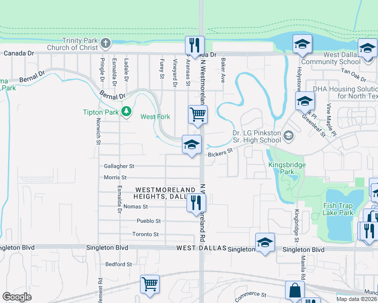 map of restaurants, bars, coffee shops, grocery stores, and more near 3315 Bickers Street in Dallas