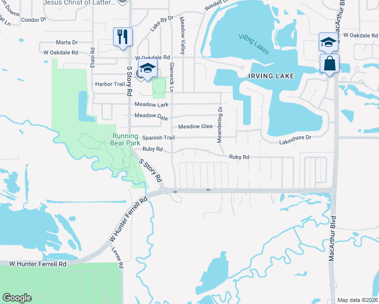 map of restaurants, bars, coffee shops, grocery stores, and more near 2205 Rita Court in Irving