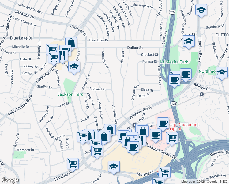 map of restaurants, bars, coffee shops, grocery stores, and more near 5847 Amarillo Avenue in La Mesa