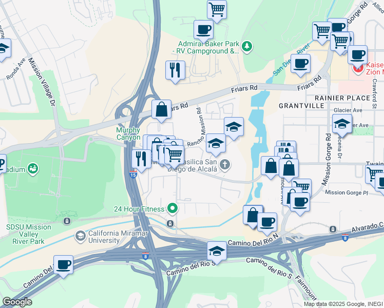 map of restaurants, bars, coffee shops, grocery stores, and more near 6191 Rancho Mission Road in San Diego