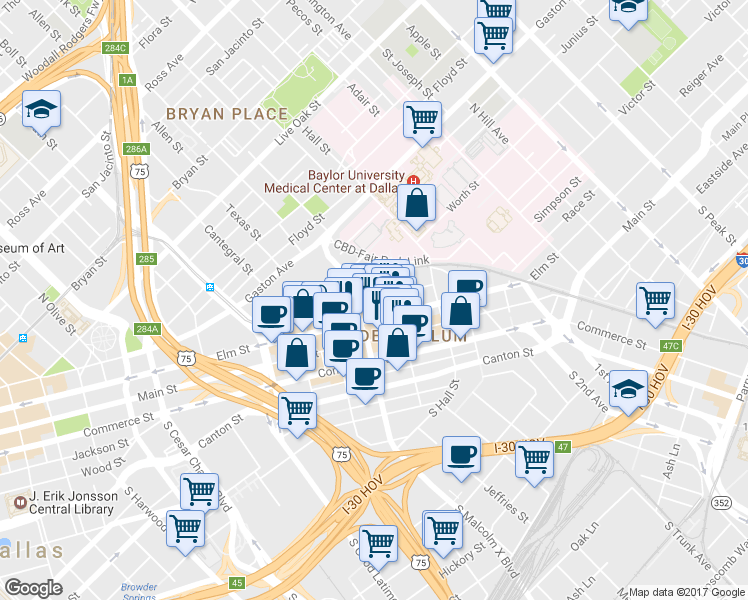 map of restaurants, bars, coffee shops, grocery stores, and more near 2951 Indiana Street in Dallas