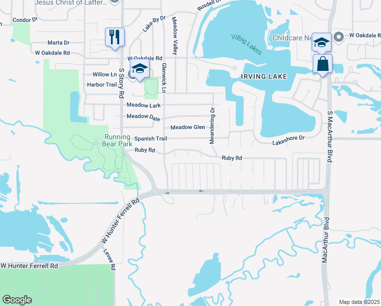 map of restaurants, bars, coffee shops, grocery stores, and more near 2205 Rita Court in Irving