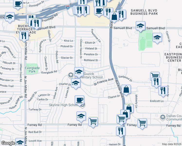 map of restaurants, bars, coffee shops, grocery stores, and more near 5153 Lauren Ln in Dallas