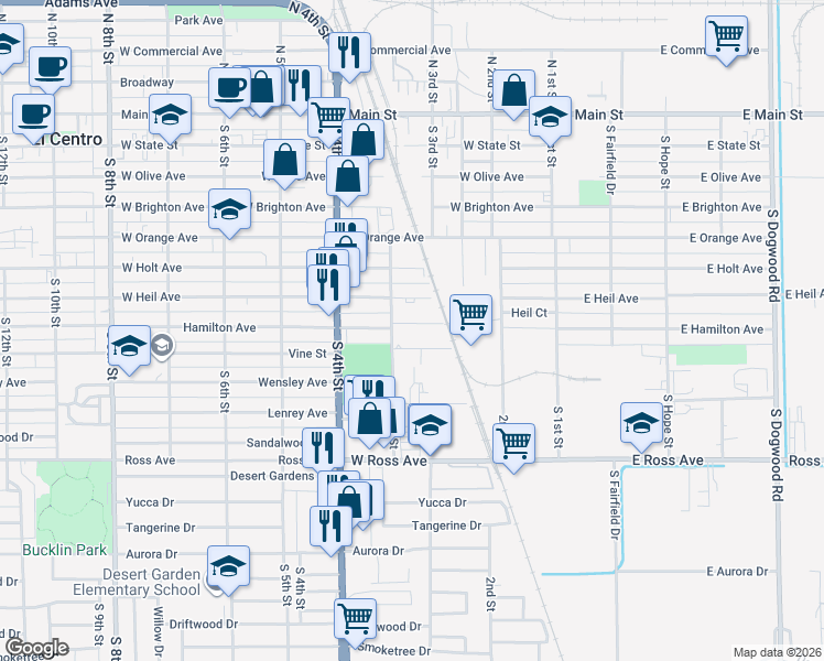 map of restaurants, bars, coffee shops, grocery stores, and more near 261 1/2 Hamilton Avenue in El Centro