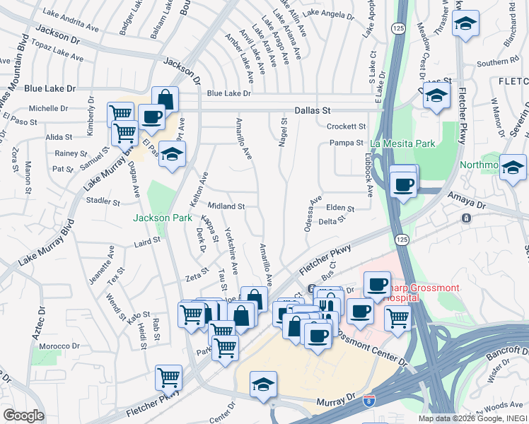 map of restaurants, bars, coffee shops, grocery stores, and more near 5847 Amarillo Avenue in La Mesa