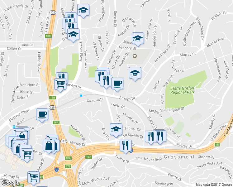 map of restaurants, bars, coffee shops, grocery stores, and more near 5742 Amaya Drive in La Mesa