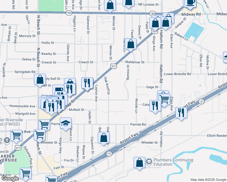 map of restaurants, bars, coffee shops, grocery stores, and more near 1620 Oak Knoll Drive in Fort Worth