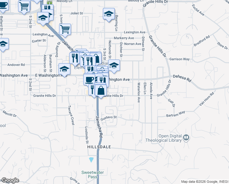map of restaurants, bars, coffee shops, grocery stores, and more near 1526 Granite Hills Drive in El Cajon