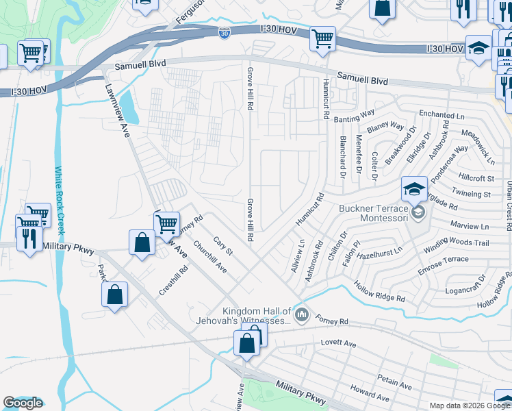 map of restaurants, bars, coffee shops, grocery stores, and more near 2940 Vacherie Lane in Dallas
