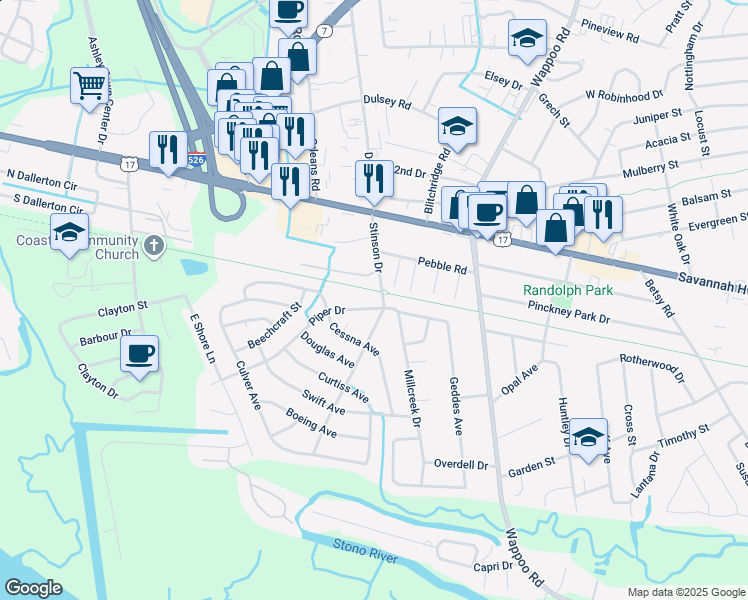 map of restaurants, bars, coffee shops, grocery stores, and more near 1908 Piper Drive in Charleston