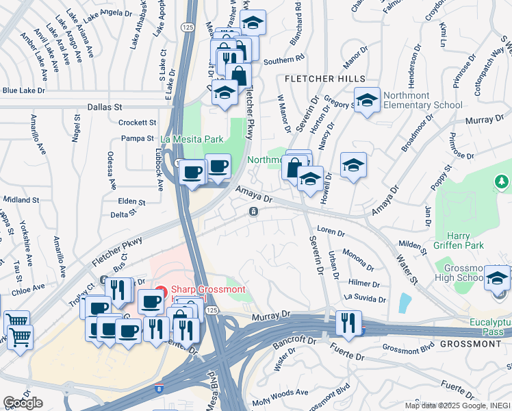 map of restaurants, bars, coffee shops, grocery stores, and more near 5669 Amaya Drive in La Mesa