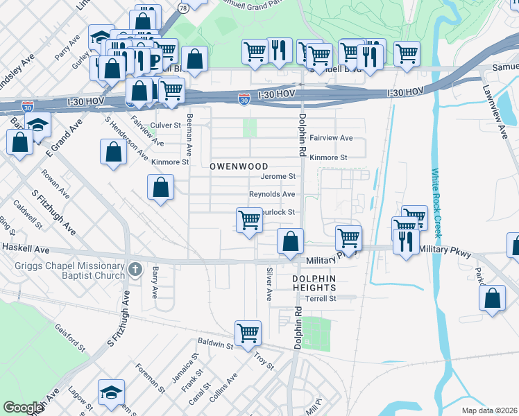 map of restaurants, bars, coffee shops, grocery stores, and more near 3231 Spurlock Street in Dallas