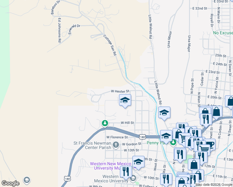 map of restaurants, bars, coffee shops, grocery stores, and more near 841 West Hester Street in Silver City