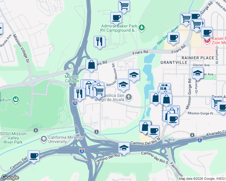 map of restaurants, bars, coffee shops, grocery stores, and more near 6151 Rancho Mission Road in San Diego