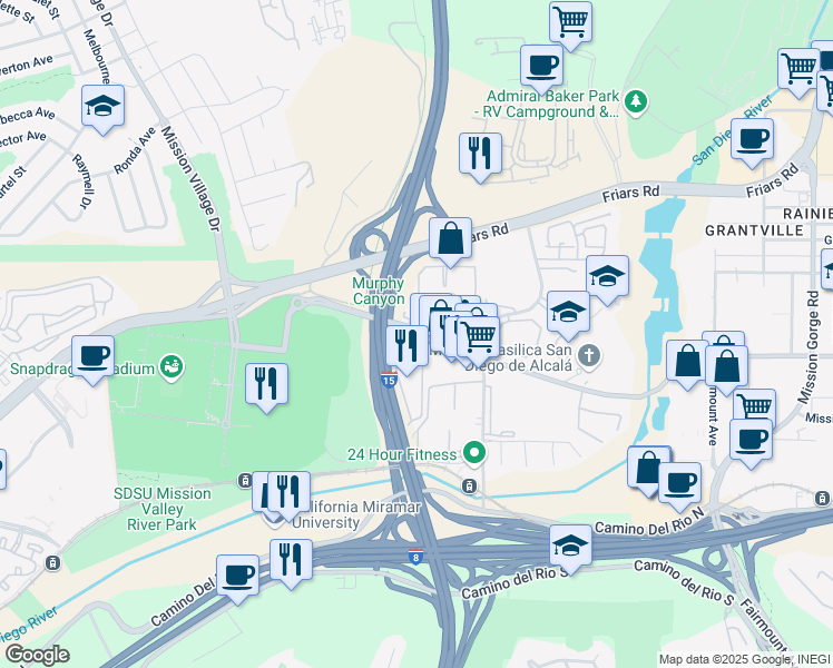 map of restaurants, bars, coffee shops, grocery stores, and more near 10313 San Diego Mission Road in San Diego