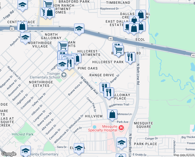 map of restaurants, bars, coffee shops, grocery stores, and more near 1544 North Galloway Avenue in Mesquite