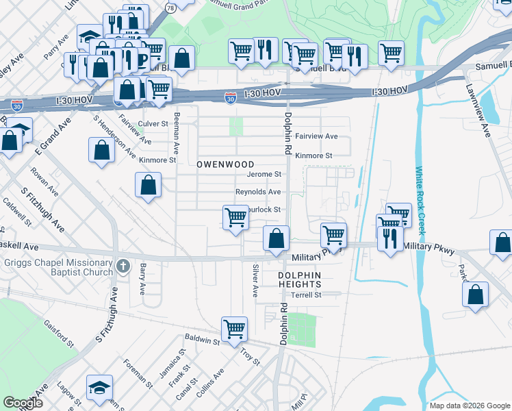 map of restaurants, bars, coffee shops, grocery stores, and more near 3231 Spurlock Street in Dallas