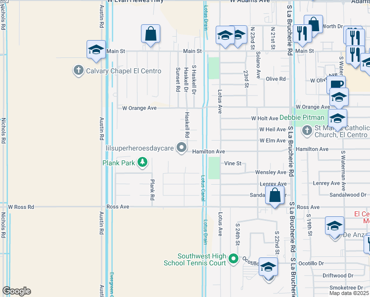 map of restaurants, bars, coffee shops, grocery stores, and more near 2575-2599 Hamilton Avenue in El Centro