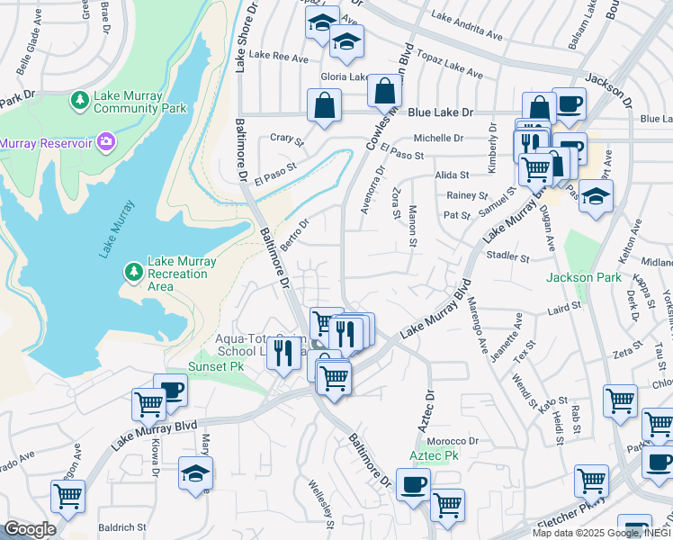 map of restaurants, bars, coffee shops, grocery stores, and more near 5856 Cowles Mountain Boulevard in La Mesa
