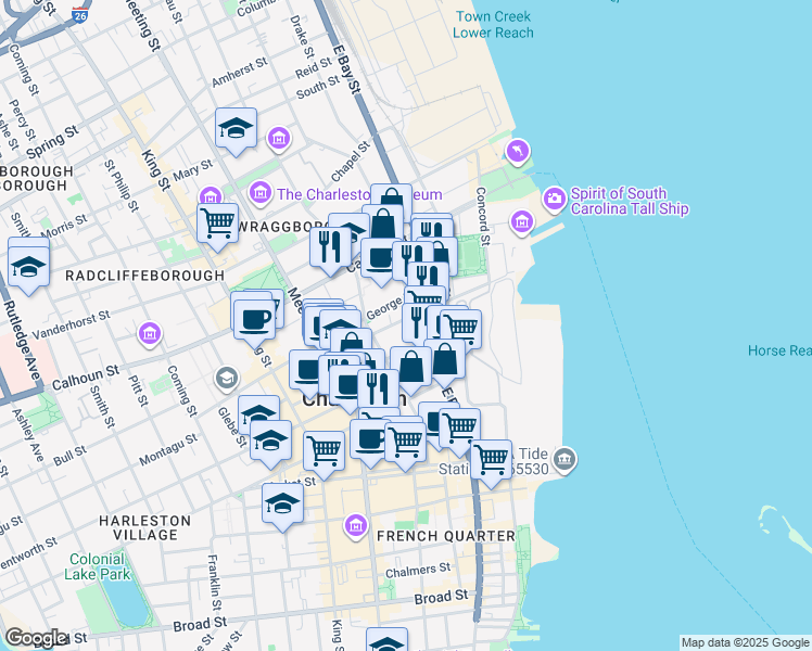 map of restaurants, bars, coffee shops, grocery stores, and more near 47 Laurens Street in Charleston