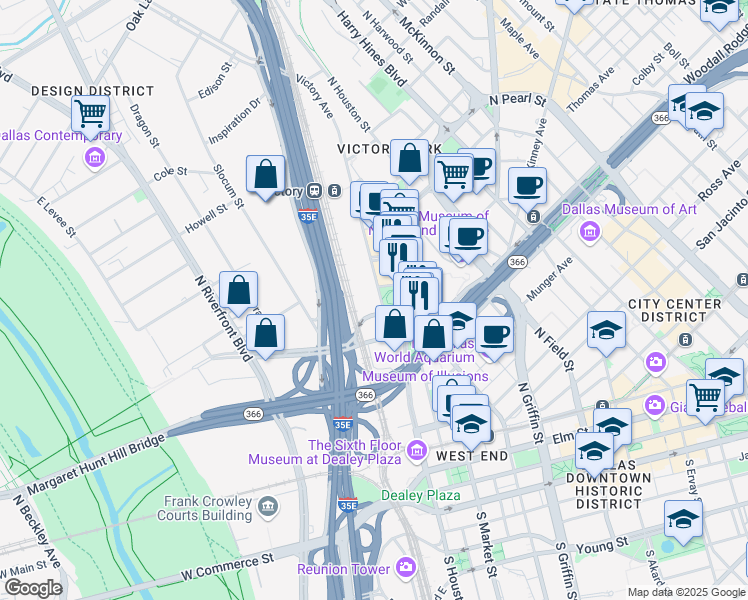 map of restaurants, bars, coffee shops, grocery stores, and more near 2427 North Houston Street in Dallas