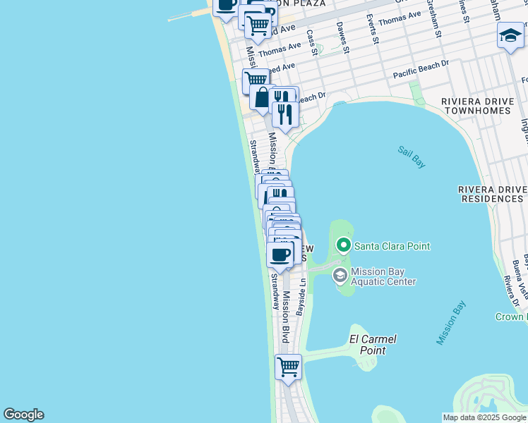 map of restaurants, bars, coffee shops, grocery stores, and more near 3850 Strand Way in San Diego