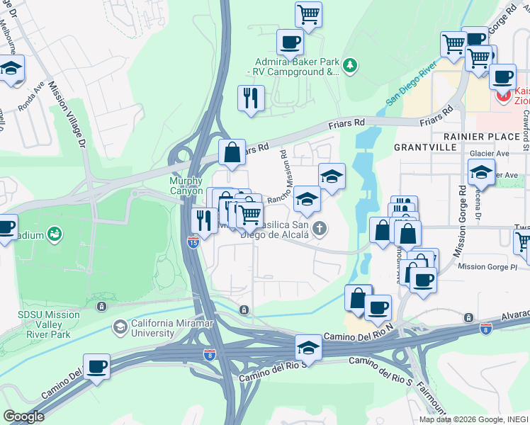 map of restaurants, bars, coffee shops, grocery stores, and more near 6191 Rancho Mission Road in San Diego