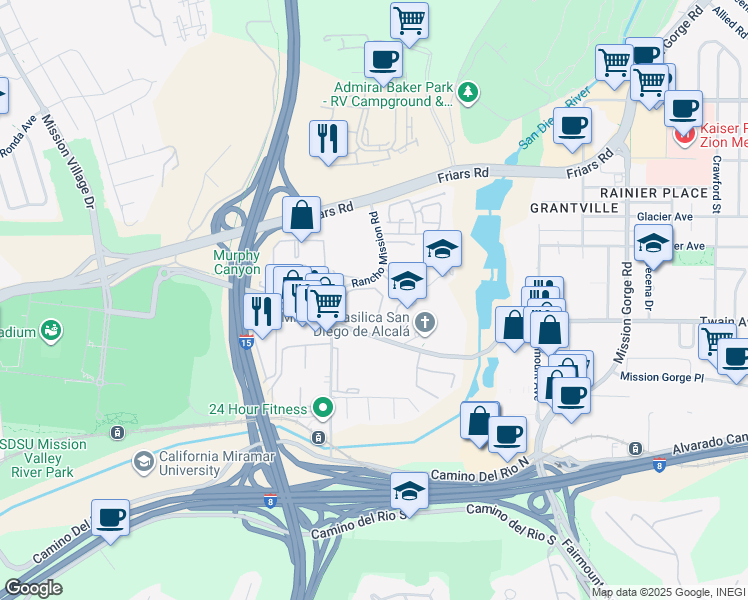 map of restaurants, bars, coffee shops, grocery stores, and more near 6151 Rancho Mission Road in San Diego